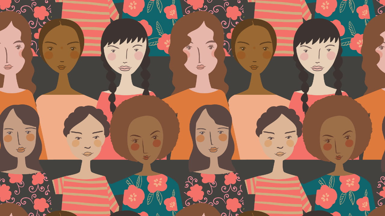Illustrazione di donne diverse con varie tonalità di pelle, acconciature e abiti a fantasia, disposte in un motivo ripetuto senza soluzione di continuità con sfondi floreali.