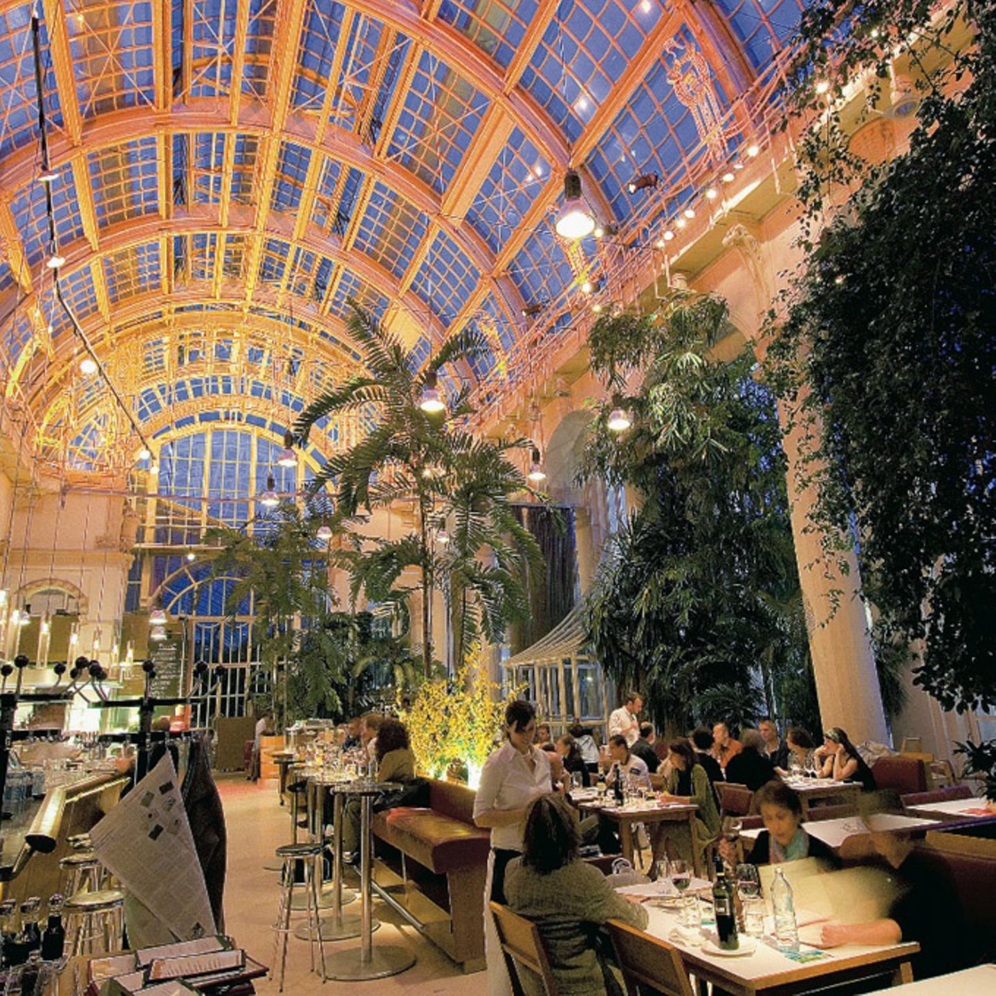 Le persone cenano ai tavoli di un ampio ed elegante ristorante con un alto soffitto a cupola di vetro, piante interne rigogliose e un'illuminazione calda, che creano un'atmosfera vibrante e invitante.
