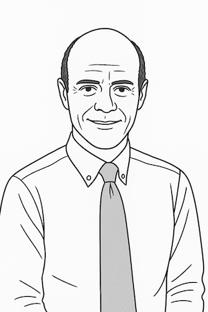 Black and white line drawing of a middle-aged man with a bald head, wearing a button-up shirt and a tie, smiling slightly and facing forward.
