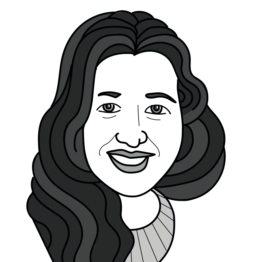 Black and white illustration of a person with long wavy dark hair, smiling, and wearing a round-neck top. The drawing has simple lines and minimal shading.