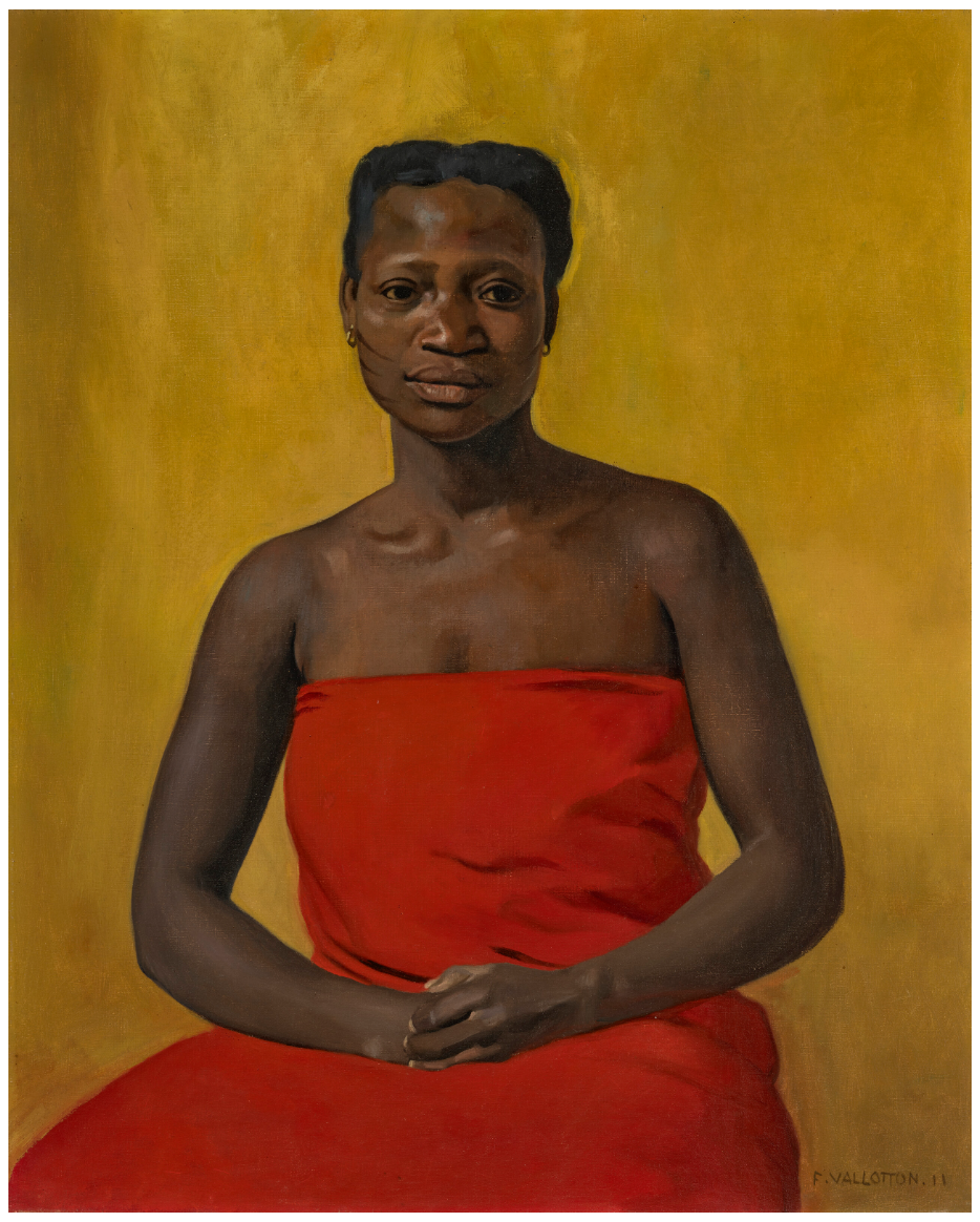 Ritratto di una persona seduta che indossa un mantello rosso su uno sfondo giallo, evocando uno stile italiano riflessivo. Il dipinto è firmato "F. Vallotton. 11" nell'angolo in basso a destra e l'espressione del soggetto è calma e composta.