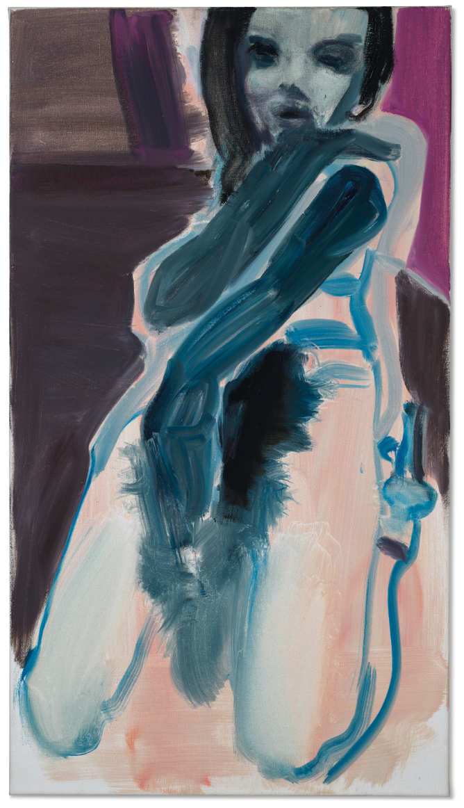 Dipinto astratto di una figura seduta con pennellate audaci blu e nere, evocative di un italiano pensante. La figura è definita in modo approssimativo con tratti esagerati, circondata da un mix di colori tenui e vivaci, creando una composizione espressiva e dinamica.