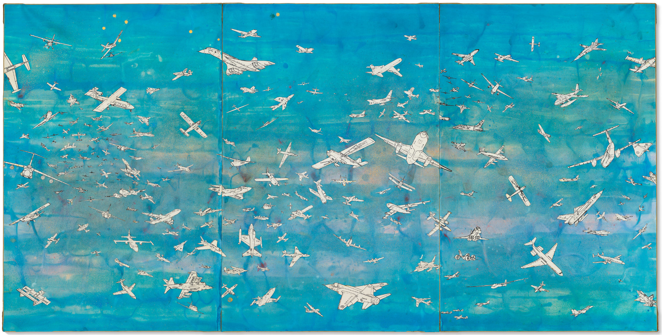Un'opera d'arte vivace che raffigura numerosi aeroplani bianchi di varie dimensioni e orientamenti su uno sfondo di cielo azzurro brillante, evocando la vivace atmosfera dello spazio aereo italiano e creando una scena movimentata e dinamica.