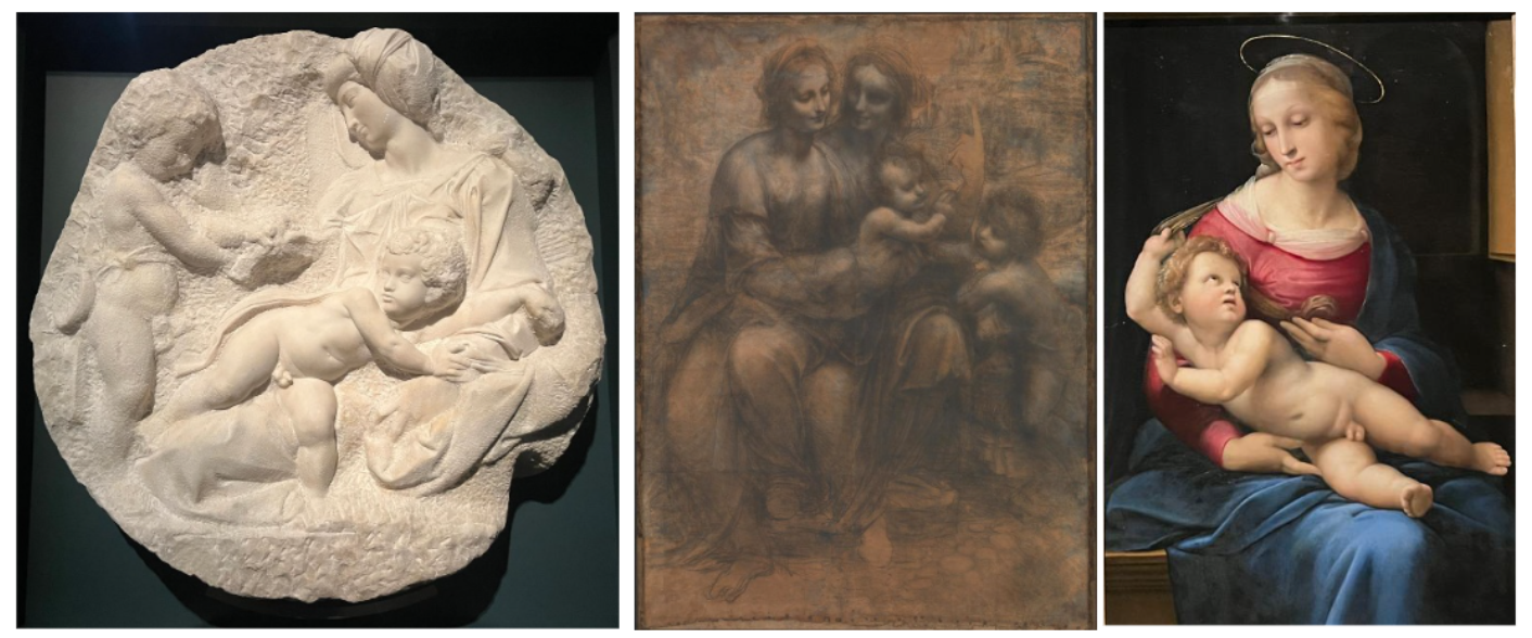 Tre opere d'arte raffiguranti la Madonna col Bambino: un rilievo in marmo che mostra figure in una composizione circolare, un disegno dai toni scuri di una madre seduta con due bambini e un vivace dipinto della Madonna con un bambino, entrambi con aureole.
