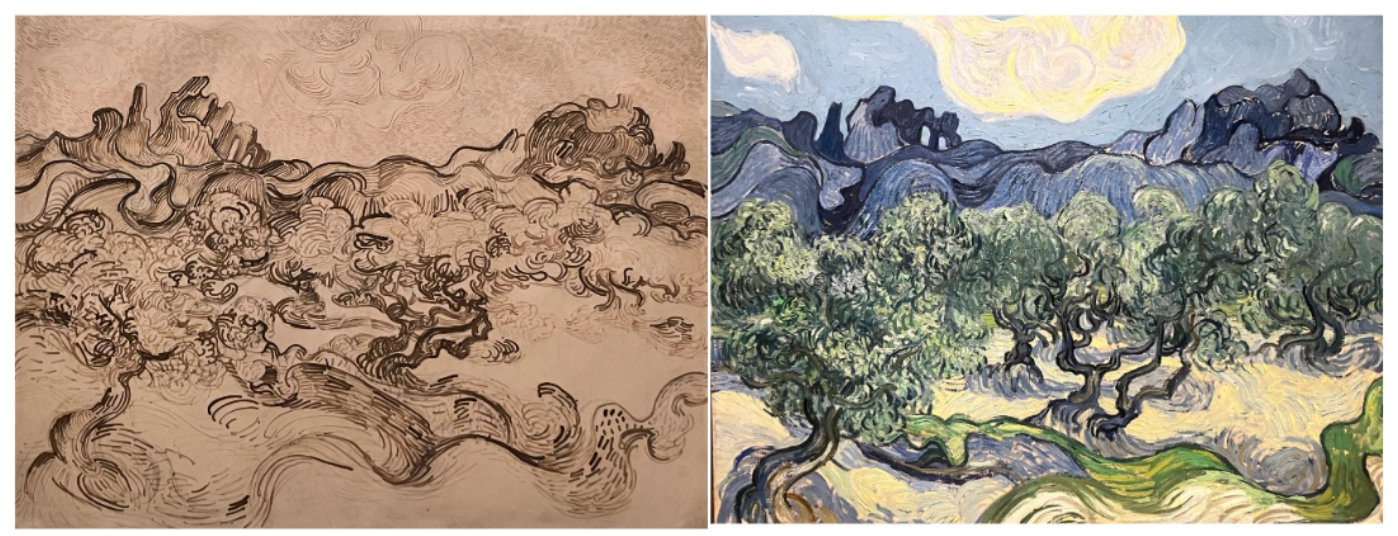Un'immagine divisa che mostra due versioni dello stesso paesaggio: a sinistra, una rappresentazione monocromatica e abbozzata di alberi e colline che si snodano; a destra, una versione dipinta con colori vivaci e blu, verdi e gialli.