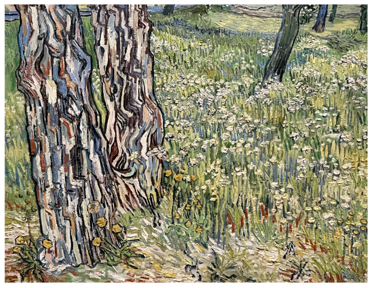 Un dipinto vibrante raffigura un primo piano di tronchi d'albero circondati da un prato lussureggiante e fiorito. La scena è dipinta con pennellate audaci e strutturate, che mostrano un mix di verdi, gialli e bianchi, con uno stile vivace e impressionista.