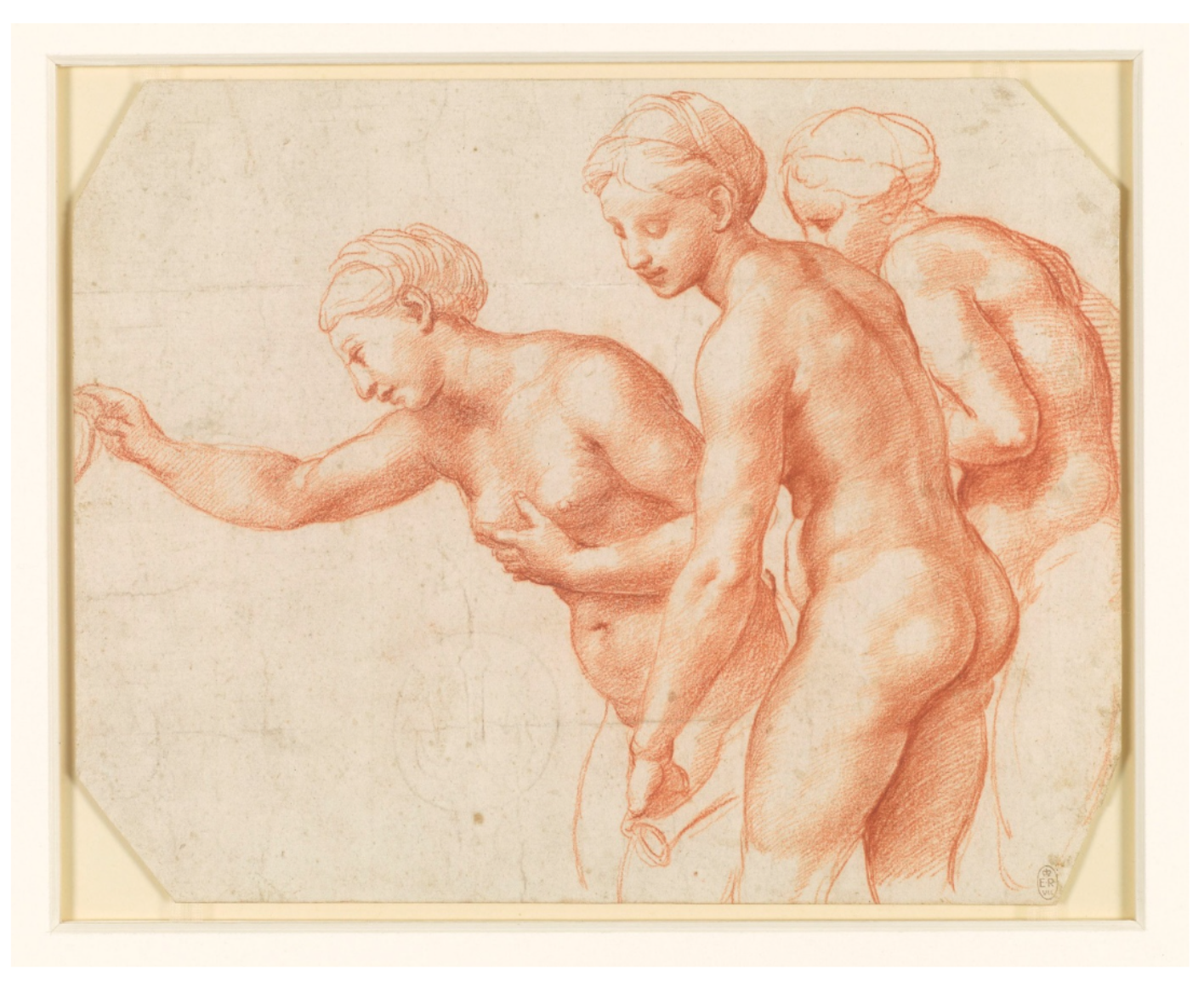 Uno schizzo di tre figure nude, disegnato a matita rossa su carta. Le figure sembrano essere in varie pose, con una che tiene un oggetto. L'opera d'arte è incorniciata da un semplice bordo di colore chiaro.