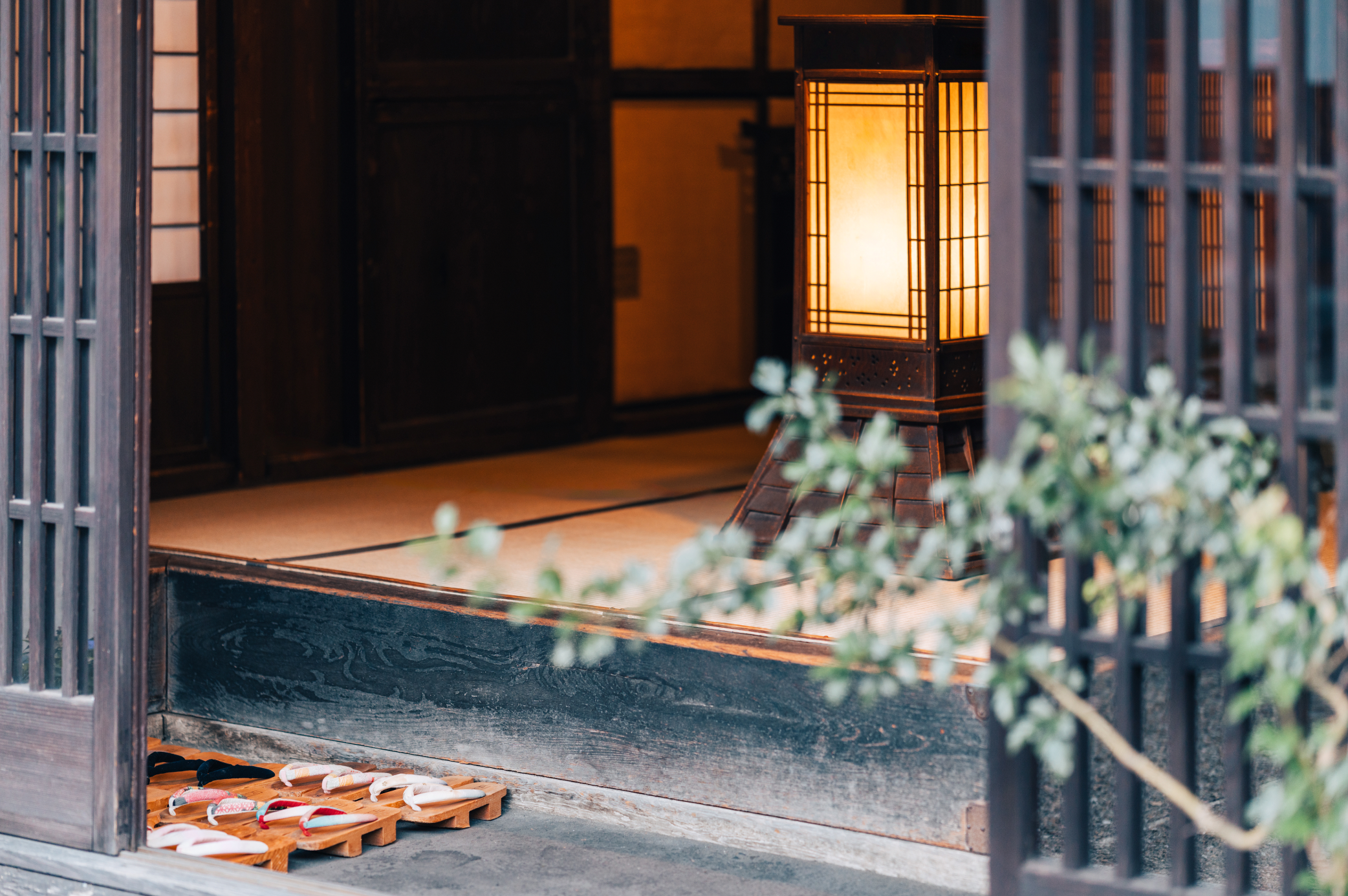 Una stanza tradizionale giapponese con tatami e una lanterna di carta luminosa. Sandali di legno sono ordinatamente sistemati all'esterno. Una pianta verde è in primo piano, a incorniciare l'ingresso tranquillo.