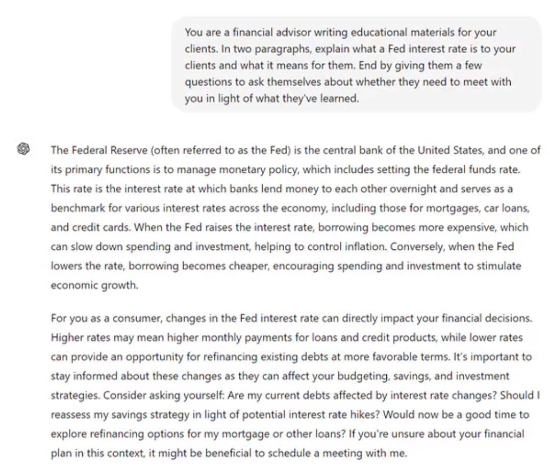 Un documento con testo che discute la consulenza finanziaria e il ruolo della Federal Reserve nelle variazioni dei tassi di interesse. Si addentra anche in come strumenti come ChatGPT possono aiutare i consumatori a comprendere gli impatti di queste modifiche sulle loro strategie di investimento.