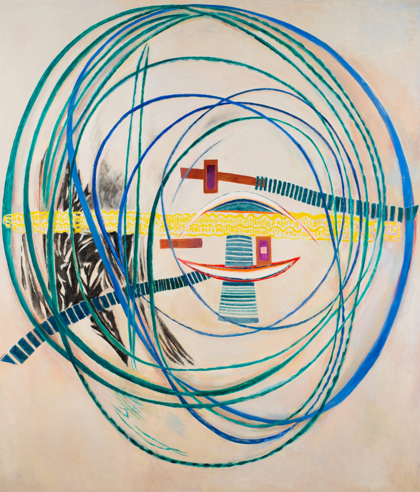 Questo dipinto astratto cattura l'essenza del TEFAF con i suoi vorticosi anelli blu e verdi, le forme geometriche intersecate in rosso e giallo e le pennellate nere dinamiche. Una sottile miscela di beige e pastelli chiari sullo sfondo crea una composizione energica.