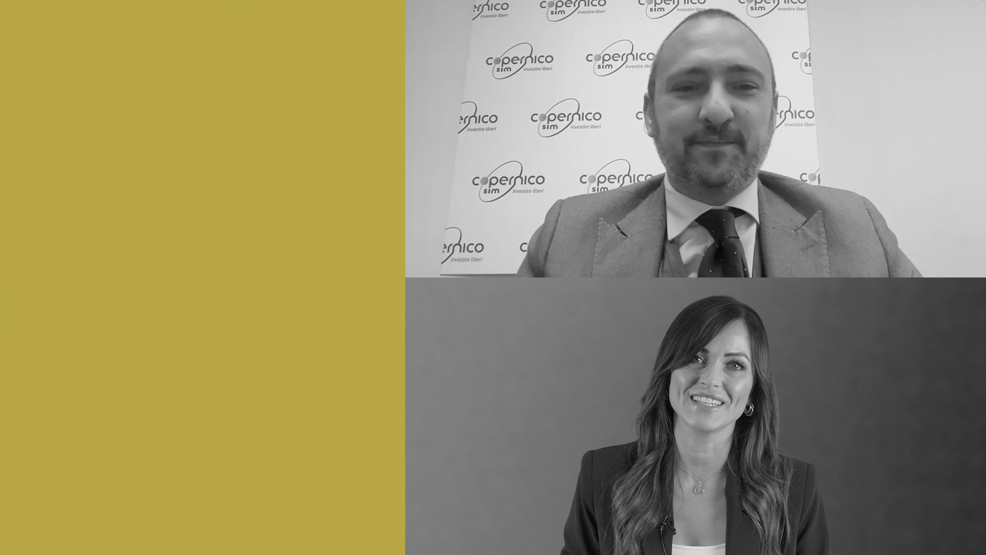 Videochiamata a schermo diviso con un uomo e una donna: l'uomo in giacca e cravatta è seduto su uno sfondo con il logo Copernico, mentre la donna, anch'essa in abito da lavoro, appare su uno sfondo semplice. Un pannello SIM giallo valorizza il lato sinistro dello schermo.
