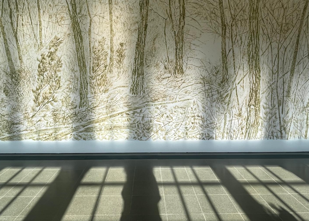 La luce del sole e le ombre delle finestre cadono su un pavimento piastrellato di fronte a un murale dettagliato che raffigura una scena di foresta invernale con alberi spogli e terreno coperto di neve.