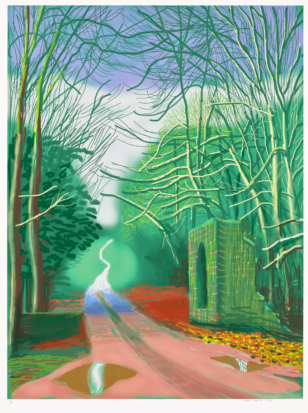 Un dipinto digitale colorato di un sentiero tortuoso attraverso una foresta, delimitato da alberi spogli e fogliame verde, con un vecchio arco in pietra sulla destra e una pozzanghera che riflette il cielo in primo piano.