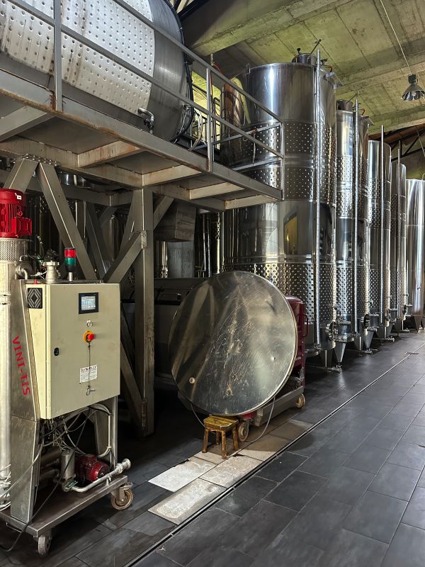 File di grandi serbatoi di fermentazione in acciaio inossidabile e un pannello di controllo all'interno di una moderna struttura di Vino Georgia, caratterizzata da pavimenti piastrellati e soffitti alti.