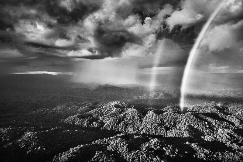 Una suggestiva foto aerea in bianco e nero mostra una fitta foresta sotto un cielo cupo. Piove a dirotto in lontananza, con un arcobaleno visibile e una suggestiva tromba marina che si estende dalle nuvole fino a terra.