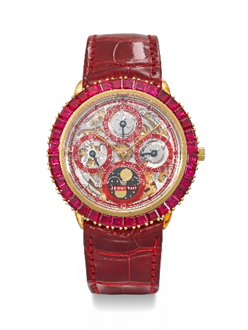 Un orologio da polso di lusso ispirato a Richard Mille Nadal, con cinturino in pelle rossa, cassa in oro e lunetta con gemme rosa. Il quadrante elaborato presenta diversi contatori e un meccanismo parzialmente trasparente sottostante per un ulteriore tocco di fascino.