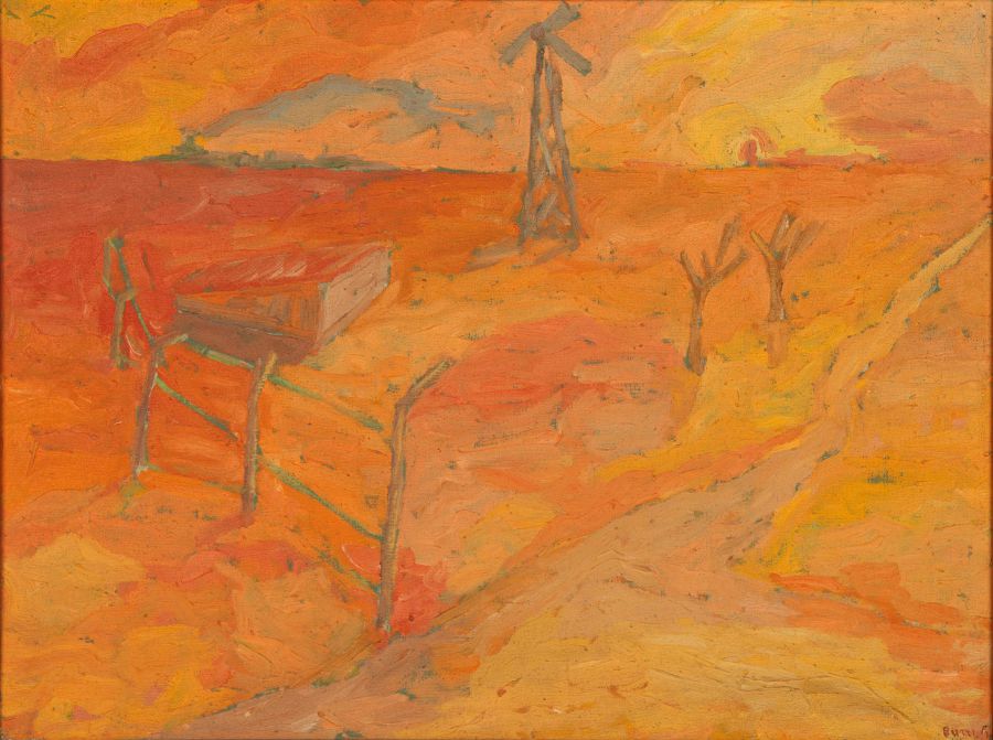Un dipinto nei toni caldi dell'arancione e del giallo raffigura un paesaggio rurale con un mulino a vento, una piccola struttura e alberi spogli sotto un cielo vivido, evocando un ambiente asciutto e soleggiato che ricorda l'ispirazione rurale di Fausto Bertinotti.