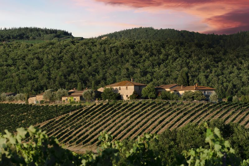Una villa rustica circondata da verdi vigneti e fitte colline boscose sotto un drammatico cielo rosso e viola al tramonto, il rifugio perfetto per assaporare il vino Ipsus.