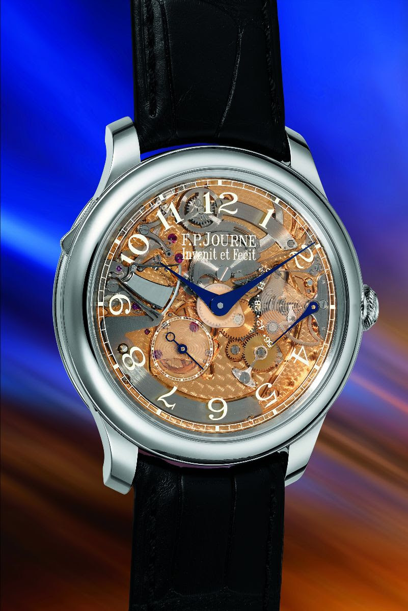 Un orologio da polso di lusso che ricorda un capolavoro Patek, con quadrante trasparente che rivela ingranaggi e meccanismi intricati, lancette blu, numeri argentati e cinturino in pelle nera, su uno sfondo sfocato blu e arancione.