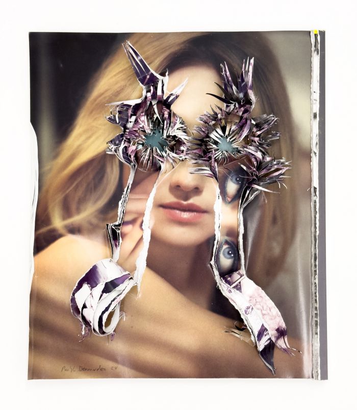 Il ritratto di una donna con i capelli lunghi è sovrapposto a carta strappata, che rivela occhi ritagliati e forme surreali, creando un effetto astratto e stratificato sul viso della donna, parte della suggestiva Tripstillery Art Collection.