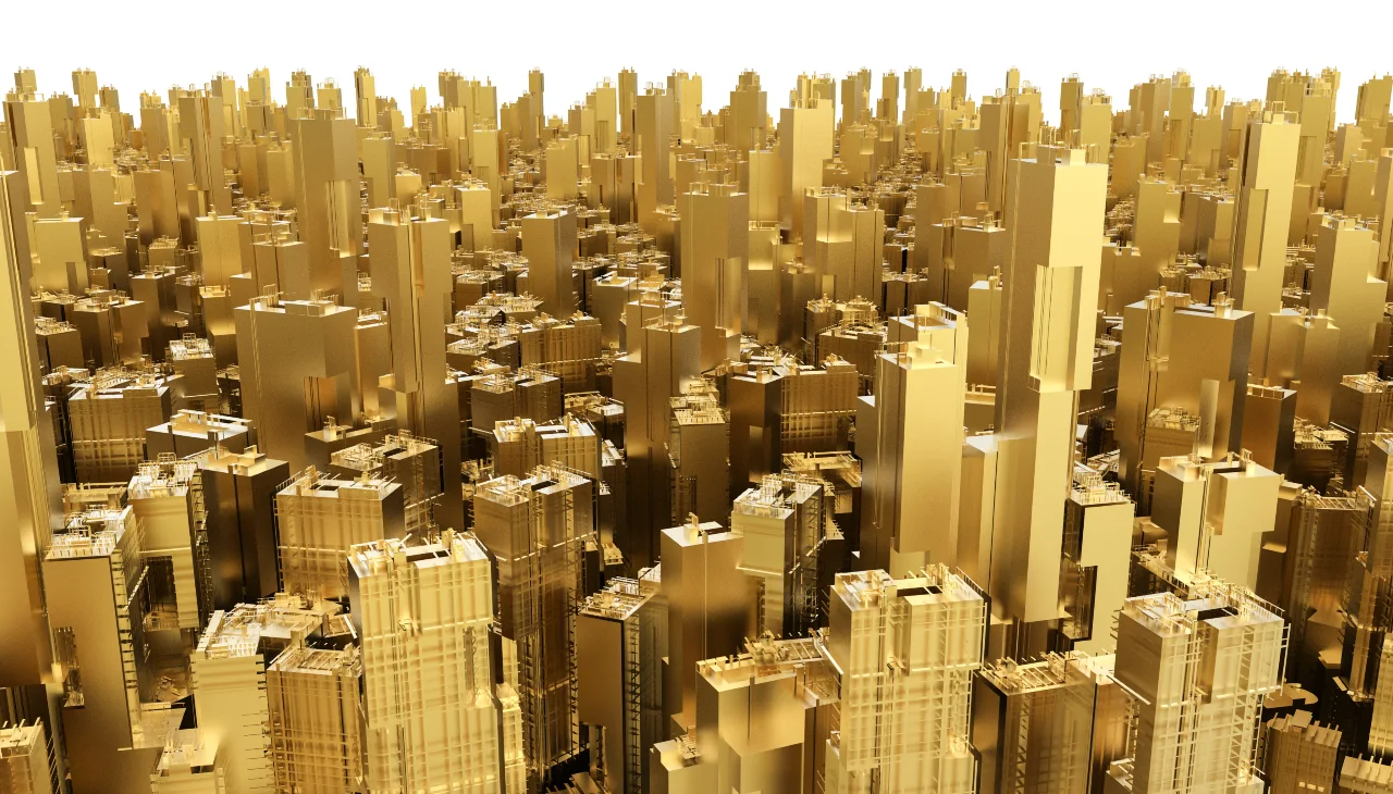 Immagine di paesaggio urbano fatto interamente di grattacieli color oro, con case e immobili di varie altezze accostati tra loro per identificare le città più costose al mondo.