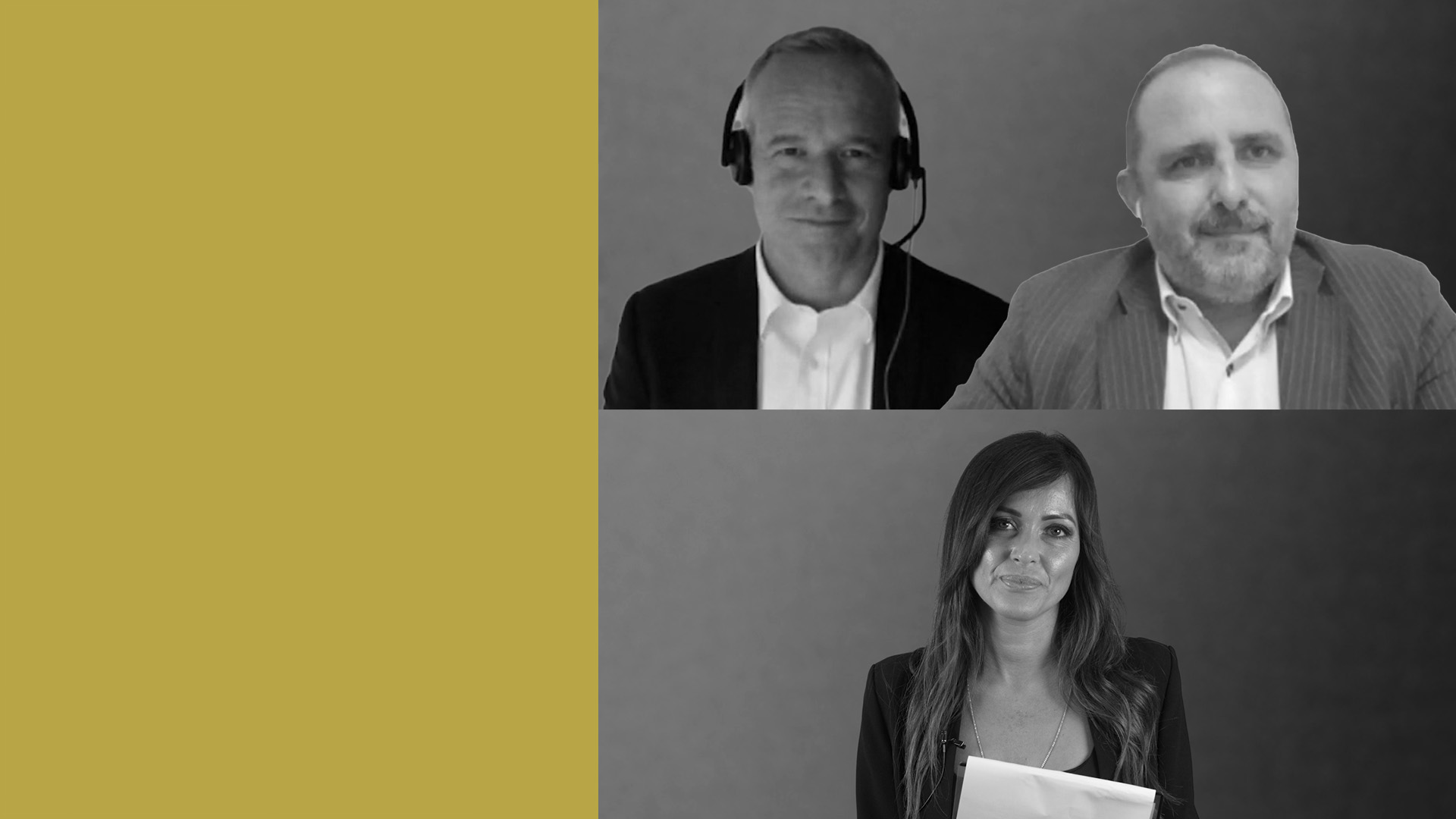 Immagine in bianco e nero di tre persone in abiti da lavoro, due uomini sopra e una donna sotto, su uno sfondo grigio. Il lato sinistro è caratterizzato da un colore giallo senape pieno, che evoca la serietà spesso associata alle obbligazioni di rischio.