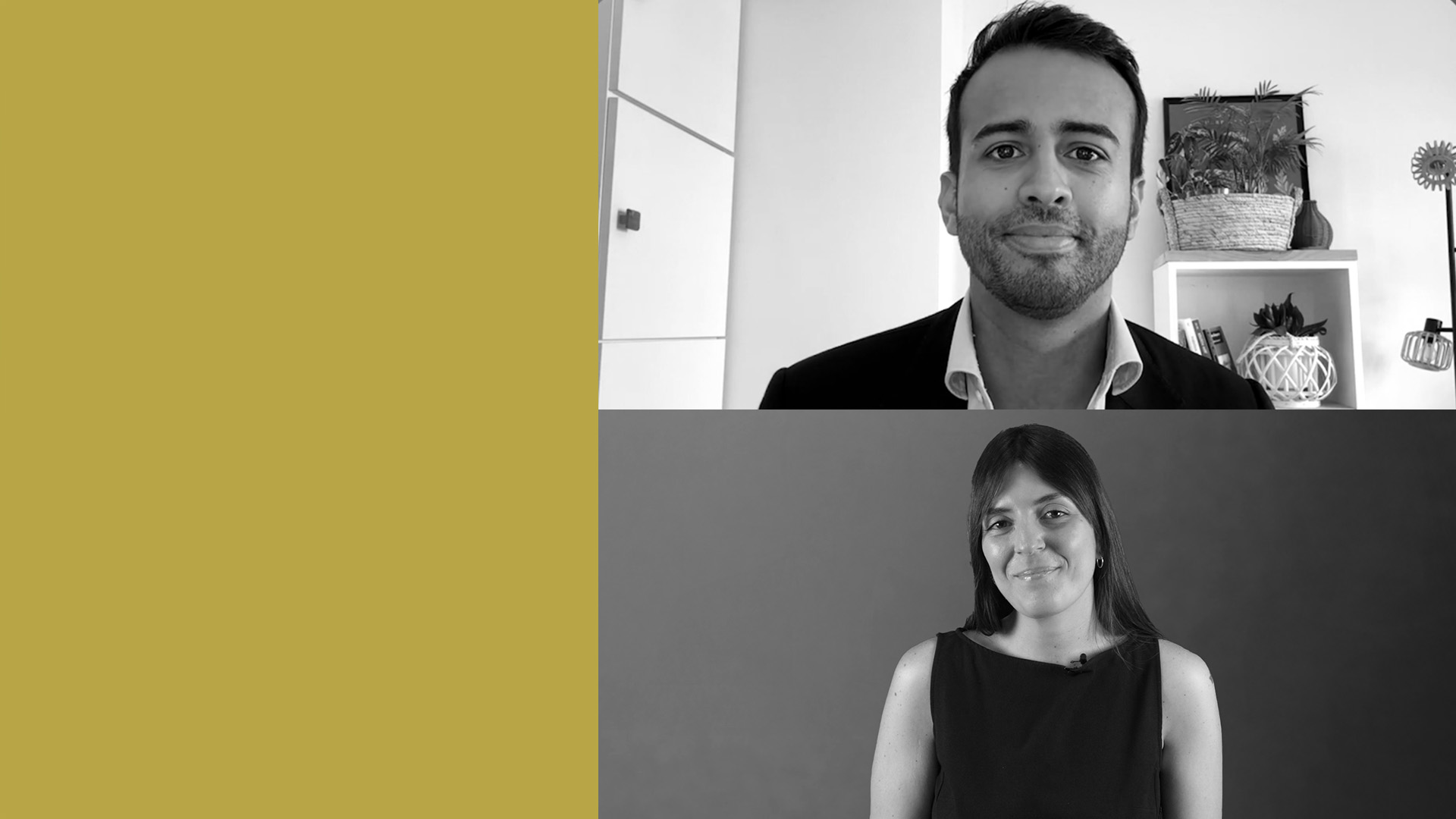 Fabrizio Salcedo e Paola Ragno sono in cornici separate in bianco e nero: un uomo in giacca e cravatta con scaffali e piante alle spalle (in alto a destra) e una donna in top senza maniche su uno sfondo semplice (in basso a destra). Il lato sinistro dell'immagine è giallo pieno.