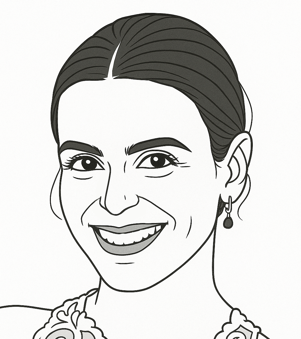 A black-and-white line drawing of a smiling woman with neatly parted dark hair, wearing a floral top and a dangling earring.