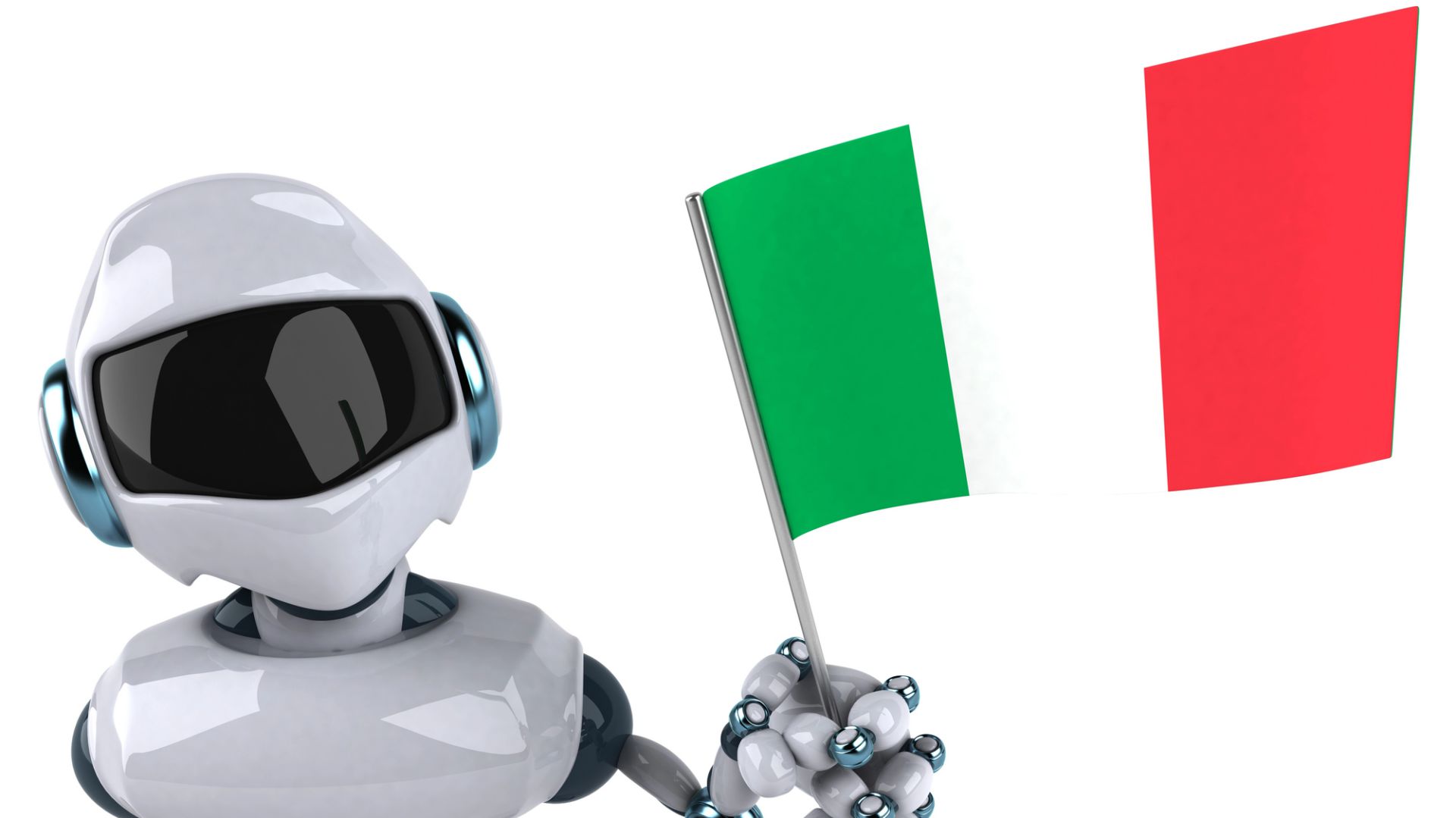 Un robot bianco lucido con visiera scura, che rappresenta la startup di intelligenza artificiale italiana, tiene in mano e sventola una bandiera italiana con strisce verticali verdi, bianche e rosse su sfondo bianco.