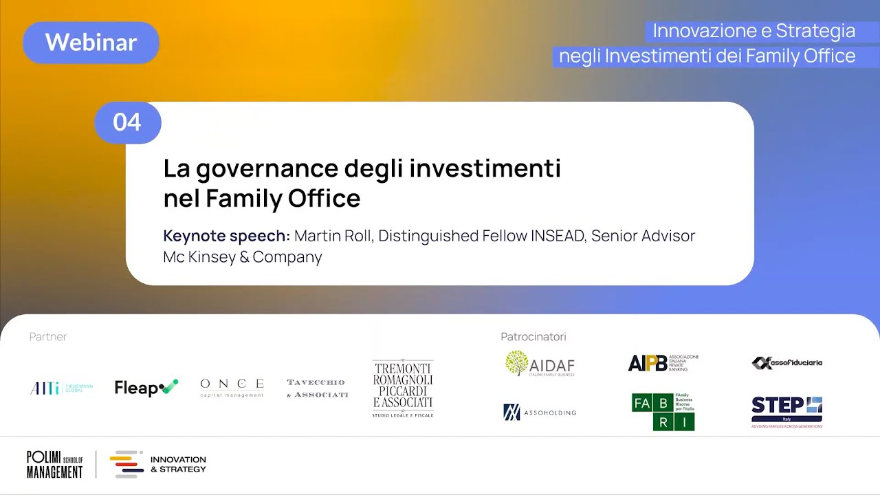 Diapositiva del webinar intitolato "La governance degli investimenti nel Family Office", con relatore Martin Roll. I loghi dei partner e degli sponsor sono visualizzati in basso su uno sfondo bianco con accenti blu e gialli.