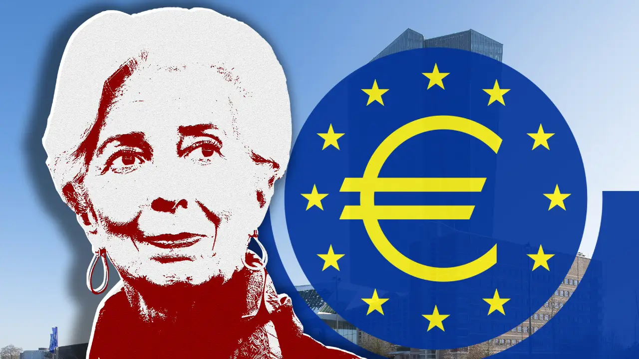 Immagine stilizzata di una donna anziana con capelli corti e bianchi accanto a un grande simbolo della valuta euro circondato da stelle gialle, con edifici moderni sullo sfondo.