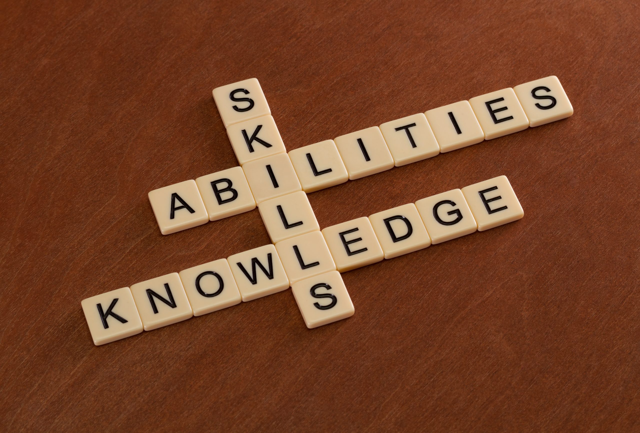 Le tessere dello Scarabeo, disposte su una superficie di legno, scrivono "SKILLS", "ABILITIES" e "KNOWLEDGE", intersecandosi in vari punti per formare una disposizione a croce.