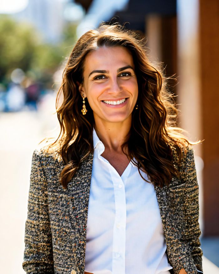 Una donna con lunghi capelli castani ondulati, che indossa un blazer di tweed e una camicia bianca con bottoni, sorride mentre si trova all'aperto in una giornata di sole, sognando la sua futura pensione estero. Sullo sfondo, morbidamente sfocato, edifici e vegetazione.