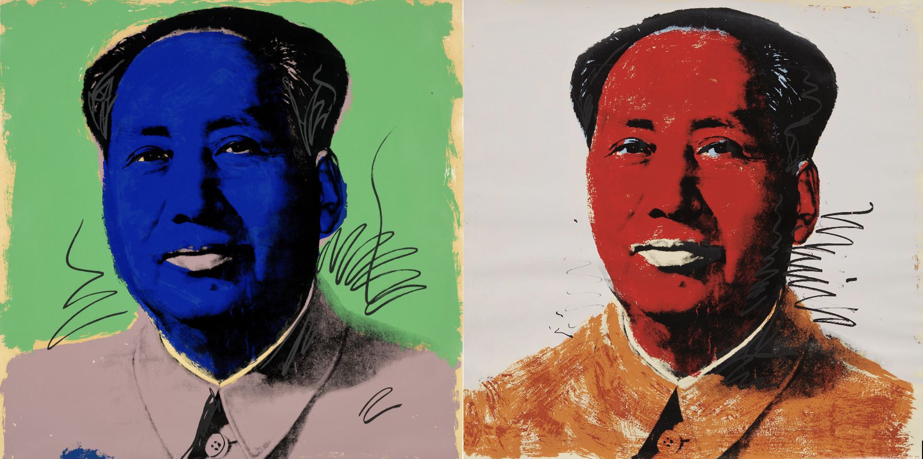 Un dittico in stile pop art presenta due ritratti dello stesso uomo, uno in toni blu su sfondo verde e l'altro in toni rossi su sfondo bianco, entrambi con linee audaci e simili a schizzi.