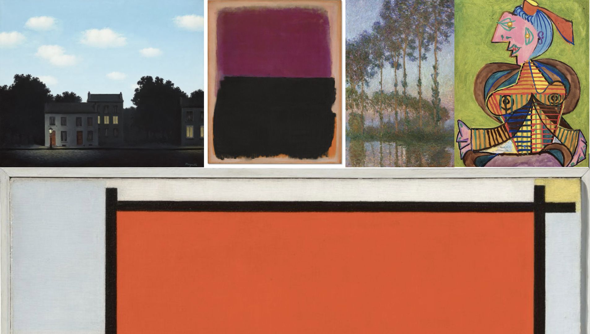 Un collage di cinque dipinti famosi, tra cui una casa modernista al tramonto e altro, cattura l'evoluzione degli stili destinati a plasmare il mercato arte 2025 con campi di colore astratti e audaci forme geometriche.
