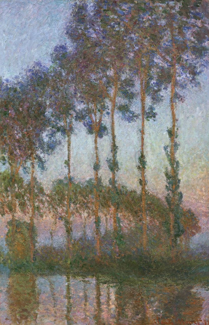 Quadro impressionista di alberi alti e slanciati che si specchiano nell'acqua calma, con colori tenui e pastello che suggeriscono l'alba o il tramonto: una scena eterea perfetta per Mercato Arte 2025, dove i paesaggi sereni ispirano un'atmosfera sognante.