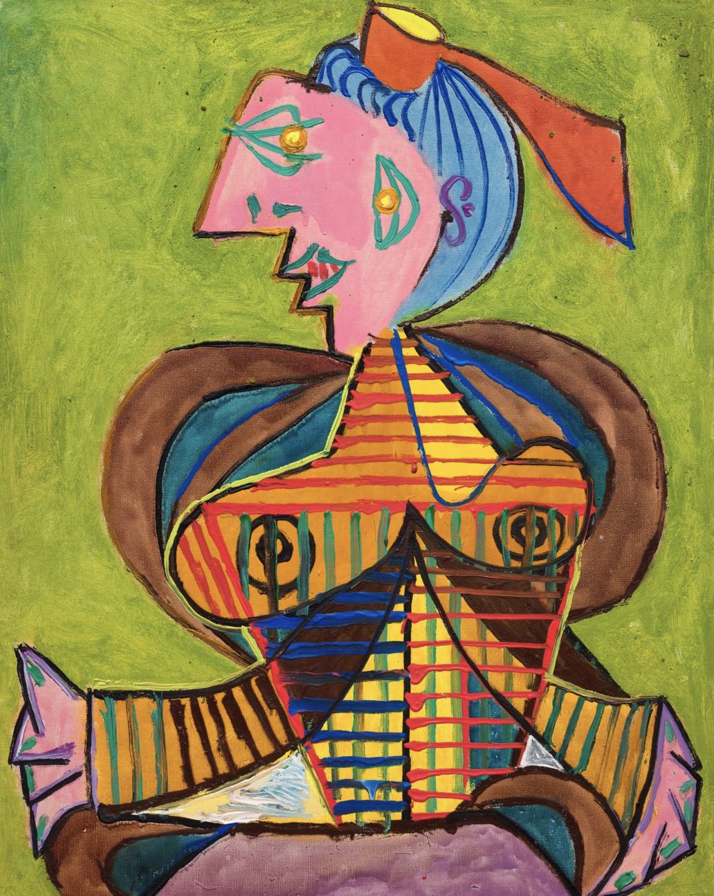 Colorato dipinto astratto di una persona con il volto rosa, i capelli blu legati da un fiocco rosso e abiti geometrici a righe vivaci su uno sfondo verde. Questo giocoso pezzo cubista cattura lo spirito vibrante di Mercato Arte 2025.