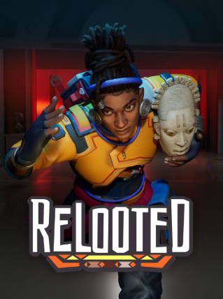 Una persona in abiti futuristici colorati corre in avanti tenendo in mano una maschera intagliata, incanalando vibrazioni da videogioco e liberare l'arte, con la parola "ReLooted" in grassetto stilizzato nella parte inferiore dell'immagine.