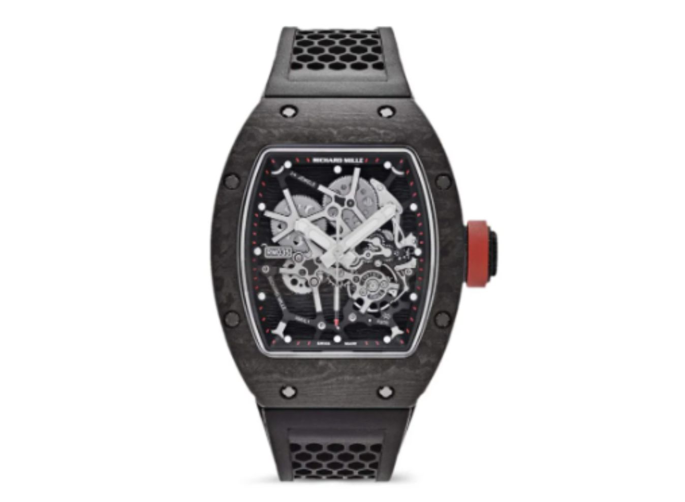 Orologio da polso gioiello di lusso con cassa nera, ingranaggi a vista sul quadrante scheletrato, lancette bianche e cinturino nero traforato. La corona è caratterizzata da un deciso accento rosso, con la scritta "Richard Mille" sulla parte superiore del quadrante.