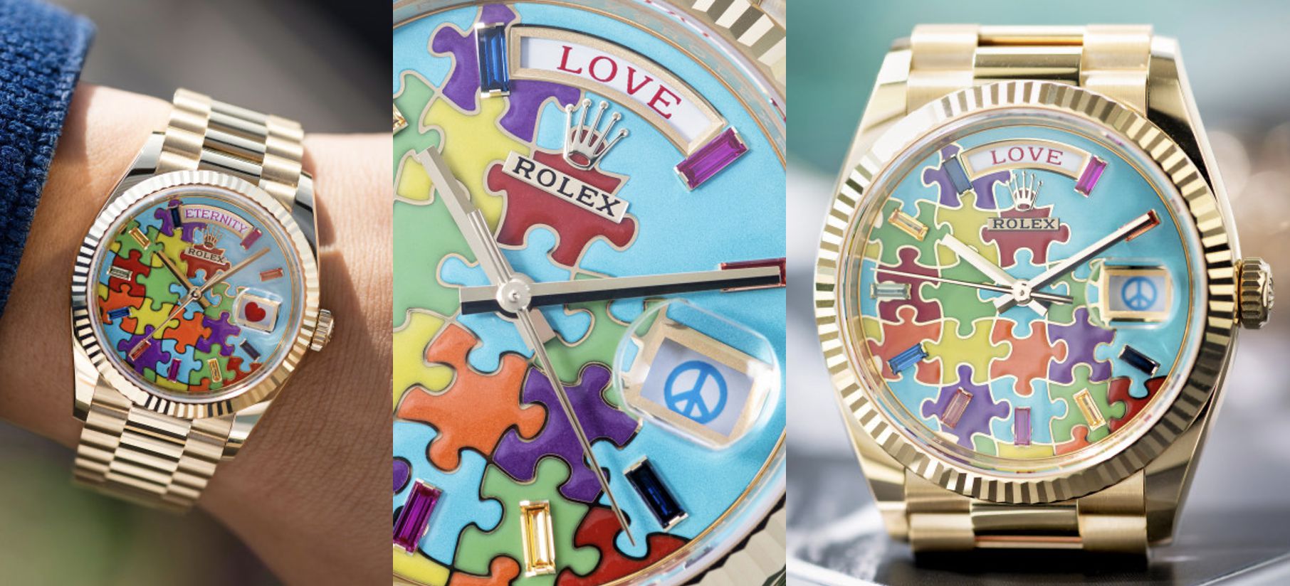 Un orologio Rolex d'oro con un colorato quadrante a puzzle con le parole "LOVE" e "ROLEX", pietre preziose e simboli come il segno della pace e l'arcobaleno. Il design è vivace e giocoso, con bracciale in oro e lunetta scanalata.