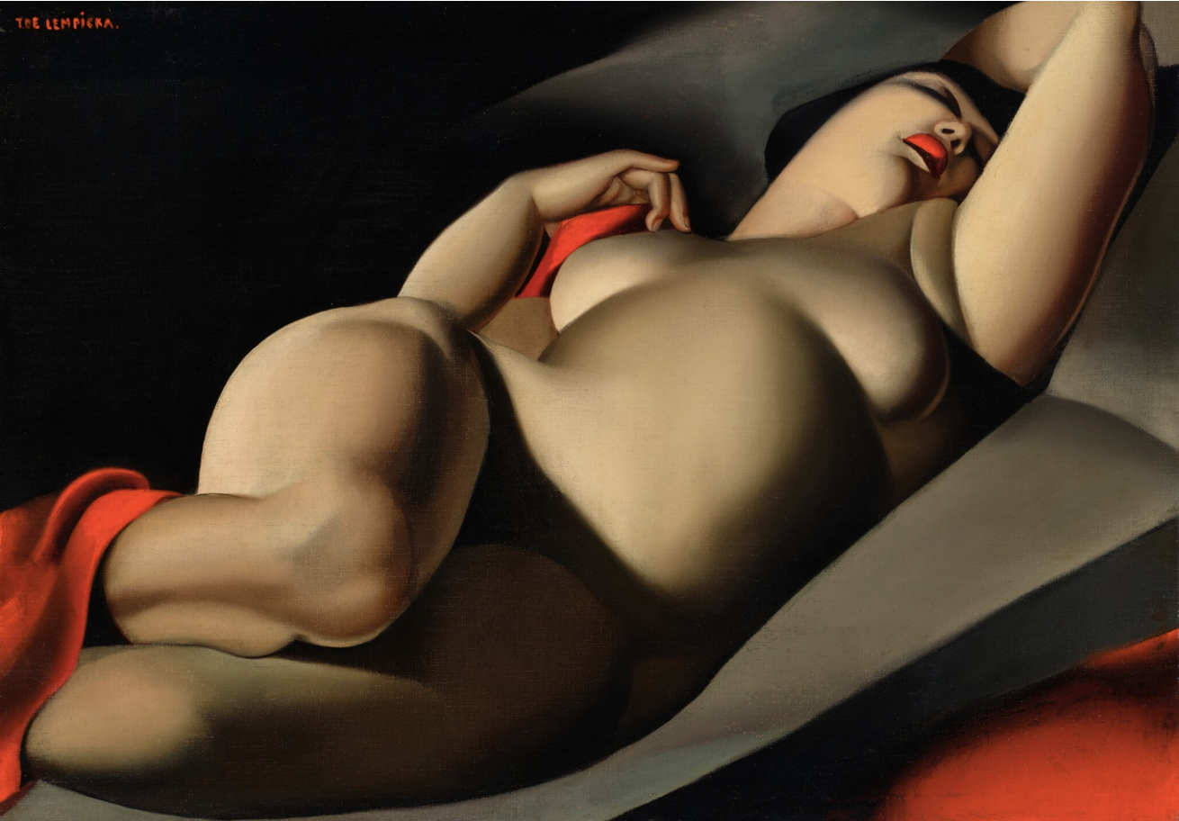 Un dipinto di una donna nuda sdraiata con la pelle chiara, le labbra rosse e le scarpe rosse. È sdraiata su un fianco con un ginocchio piegato e un braccio alzato, su uno sfondo scuro. La scena trasmette sensualità e morbidezza.