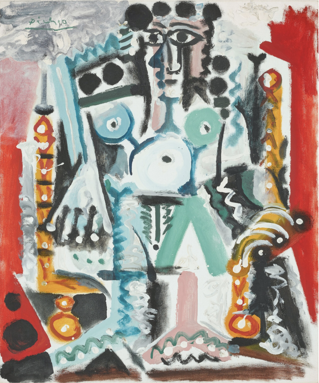 Un dipinto astratto raffigura una figura seduta con audaci contorni neri, forme geometriche e colori vivaci tra cui turchese, arancione, rosa e bianco, con grandi occhi e arti stilizzati in stile cubista.