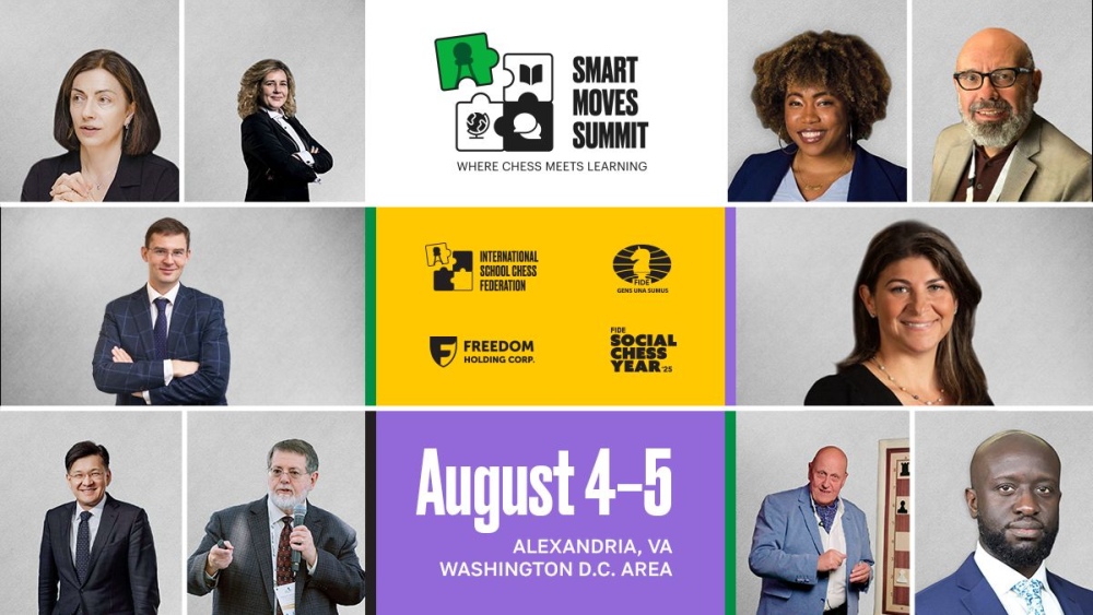 Immagine promozionale per lo Smart Moves Summit, con foto di otto relatori diversi, logo dell'evento e dettagli: 4-5 agosto ad Alexandria, VA, nell'area di Washington D.C.. L'immagine include una grafica a tema scacchistico.