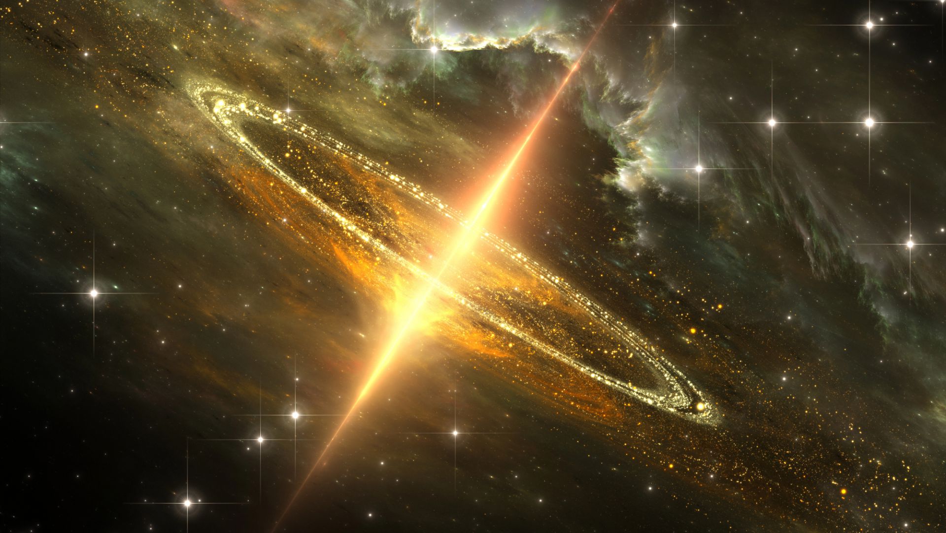 Un anello luminoso e dorato di polvere cosmica circonda un fascio di luce radiante nello spazio, con stelle sparse e nebulose sullo sfondo.