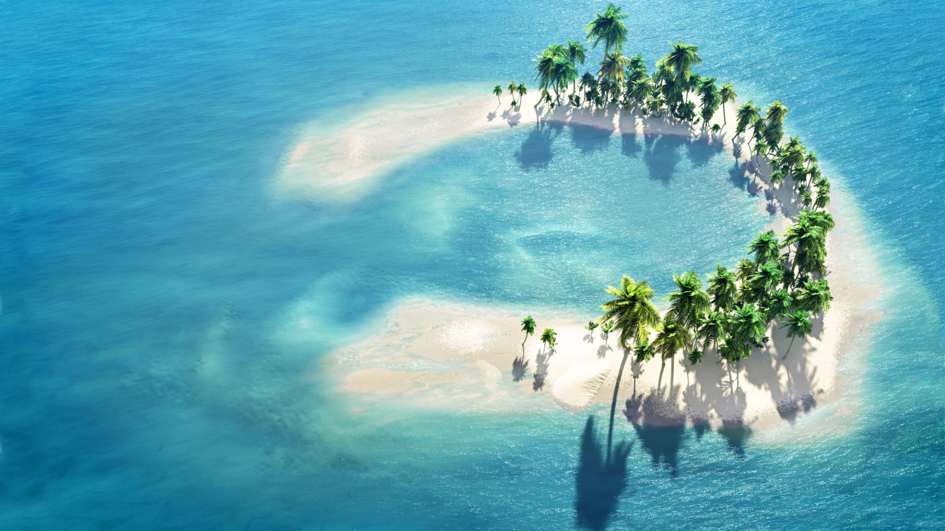 Una piccola isola tropicale a forma di mezzaluna, con sabbia bianca e gruppi di palme verdi, circondata dall'acqua cristallina dell'oceano: una destinazione ideale per vacanze di lusso, dove la pace incontra il paradiso.