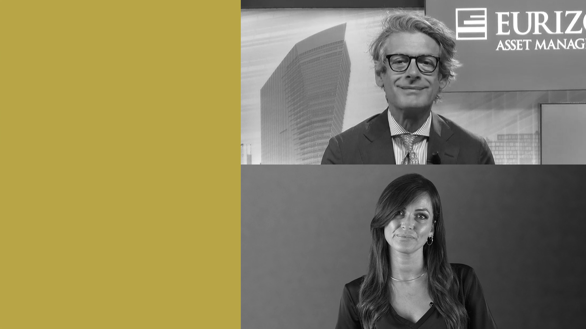 Immagine a schermo diviso: in alto a destra appare un uomo in giacca e cravatta e occhiali, sorridente, con lo sfondo di un paesaggio urbano, mentre in basso appare una donna con una camicetta scura, entrambi in bianco e nero. Il lato sinistro ha un colore giallo pieno.