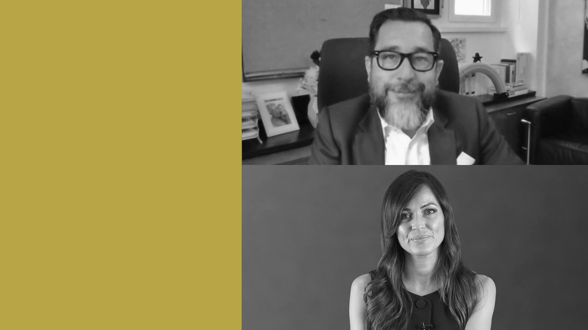 Immagine a schermo diviso: La parte superiore mostra un uomo barbuto con occhiali e abito da sera seduto in un ufficio; la parte inferiore mostra una donna con i capelli lunghi e un top senza maniche su uno sfondo semplice. Il lato sinistro presenta un blocco solido giallo senape.
