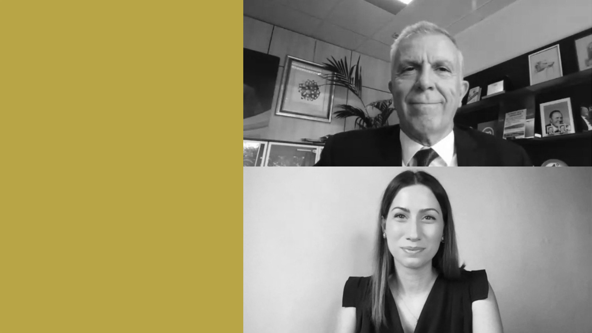 Vittorio Gaudio in giacca e cravatta e Rita Annunziata appaiono in due fotogrammi di videochiamata separati sulla destra, discutendo di mercati finanziari durante la nuova diretta di Weekly Bell, con uno sfondo giallo senape pieno sul lato sinistro.