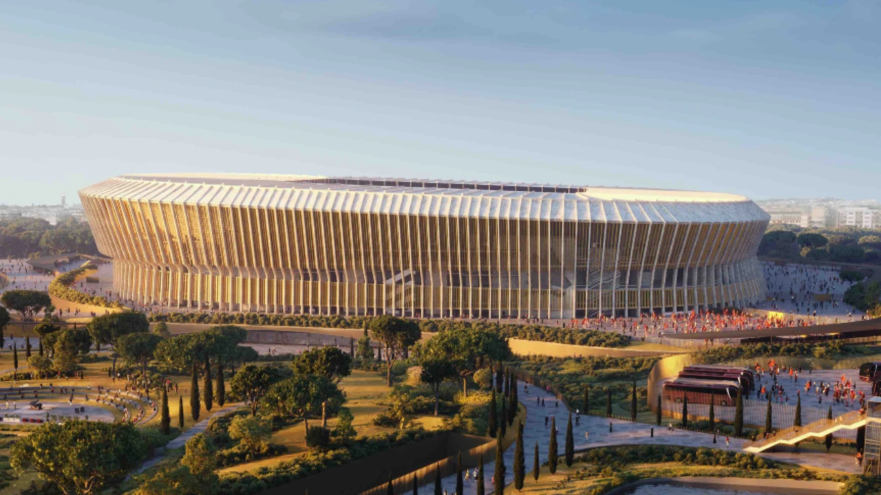 Render dello stadio As Roma, in Italia, come esempio di uno dei vari stadi italiani, di cui Populous è stata coinvolta come progettisti.