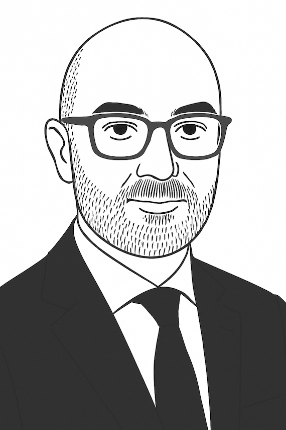 Illustrazione in bianco e nero di Giovanni Gigliotti con occhiali, abito e cravatta. Lui è Partner e Co-Head del dipartimento di Private Clients di Studio Legale Pavia e Ansaldo.